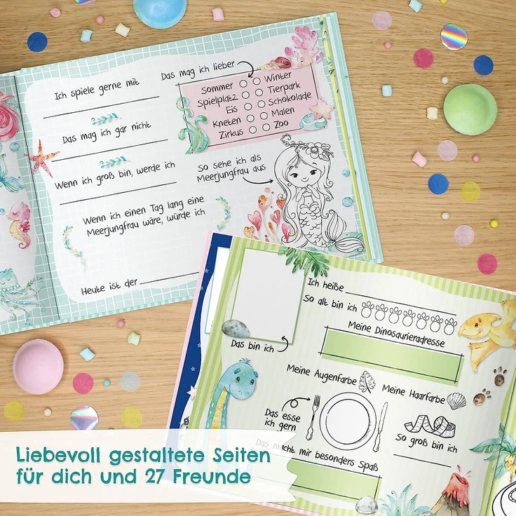 Papierdrachen Hochwertiges Freundebuch für Kinder - Kindergartenfreunde - Türkis - Poesiealbum mit Astronaut, Zirkusmotiven & Dino - für 27 Freunde - buntes kindgerechtes Design – Bild 3