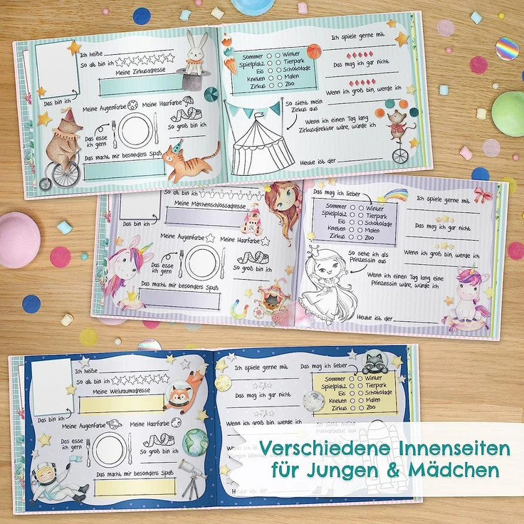 Papierdrachen Hochwertiges Freundebuch für Kinder - Kindergartenfreunde - Türkis - Poesiealbum mit Astronaut, Zirkusmotiven & Dino - für 27 Freunde - buntes kindgerechtes Design – Bild 4