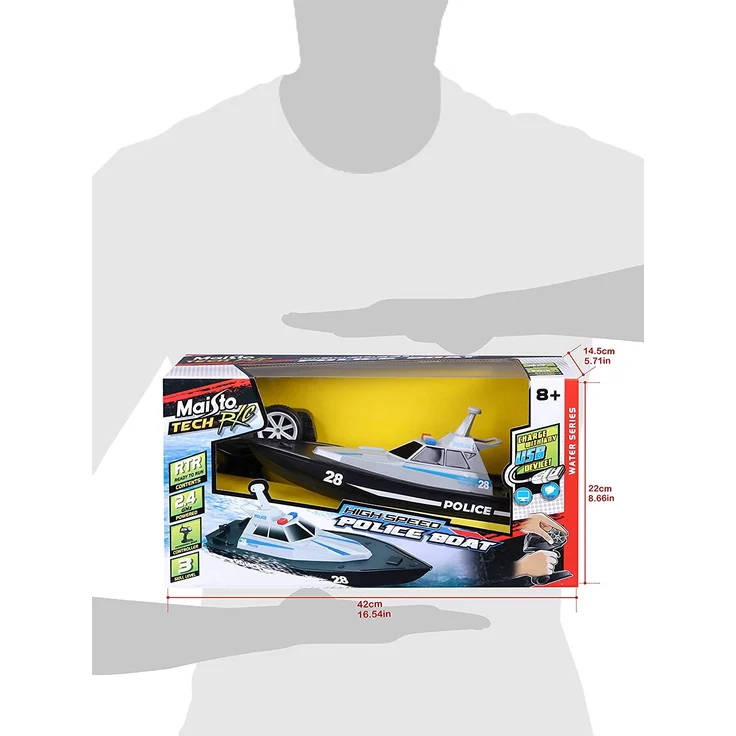 Maisto Tech R/C Polizeiboot: Ferngesteuertes Spielzeugboot im Polizei-Look, 35 Meter Reichweite, Akku mit USB-Ladefunktion, 34 cm, schwarz (582196) – Bild 8