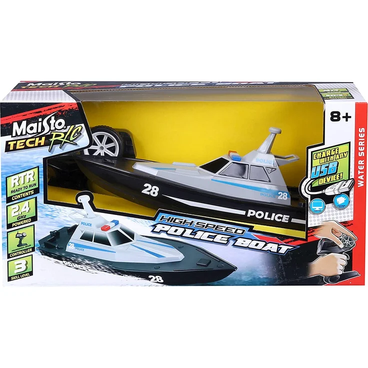 Maisto Tech R/C Polizeiboot: Ferngesteuertes Spielzeugboot im Polizei-Look, 35 Meter Reichweite, Akku mit USB-Ladefunktion, 34 cm, schwarz (582196) – Bild 7