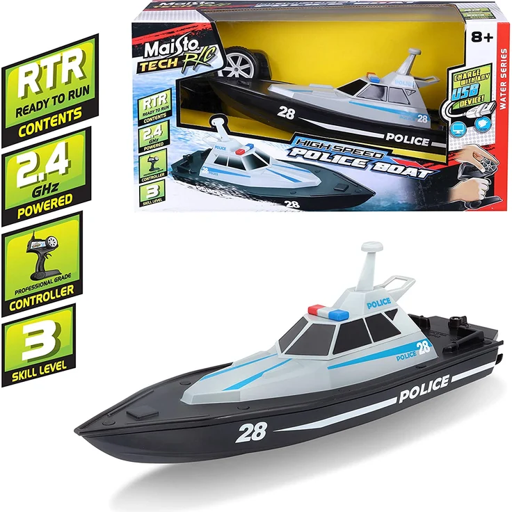 Maisto Tech R/C Polizeiboot: Ferngesteuertes Spielzeugboot im Polizei-Look, 35 Meter Reichweite, Akku mit USB-Ladefunktion, 34 cm, schwarz (582196) – Bild 10