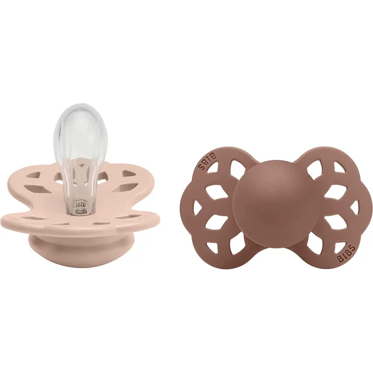 BIBS Infinity Symmetrischer Schnuller Zweierpackung, bisphenol-A frei, Symmetrischer Silikonsauger, Symmetrischer Nippel. Silikon, 0-6 Monate (2er Pack), Blush / Woodchuck