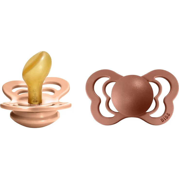 BIBS Couture Schnuller 2er-Pack, BPA-frei, Kiefergerechte Form. Naturkautschuk / Latex, Hergestellt in Dänemark. 6-18 Monate (2er Pack), Peach / Woodchuck