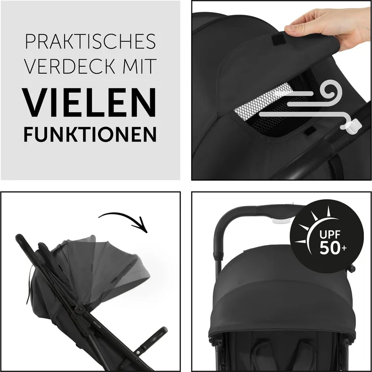 hauck Reise Buggy Travel N Care, für Kinder, bis 25 kg Belastbar, Leicht, Kompakt, Komfortable Sitz-/Liegefunktion, Leichtlaufräder, Federung, UV-Schutz 50+, Einhändig Klein Faltbar, Schwarz – Bild 3