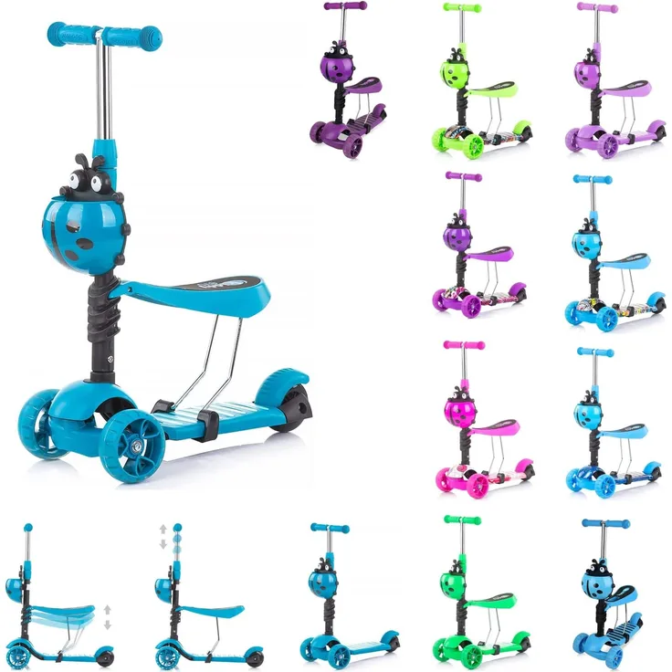 Chipolino Kinderroller, Rutscher Kiddy 2 in 1 Höhe einstellbar 3 Räder mit Licht jeans blau