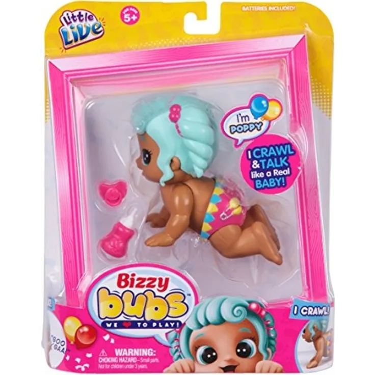 Little Live Bizzy Bubs 34727 - Baby Wirbelwind Flöhlein Poppy, Babypuppe Mohnblume für Kinder ab 5 Jahre, Puppe krabbelt und spricht, Funktionspuppe mit Zubehör, Püppchen ca. 13 cm