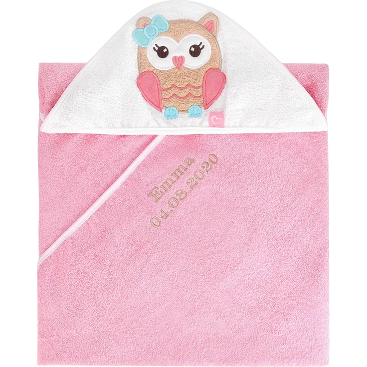Be Mammy Kapuzenhandtuch Babyhandtuch aus Baumwolle bestickt mit Name und Geburtsdatum Oeko-Tex Standard 100 100cm x 100cm BE20-281-BBL (Rosa - Eule)