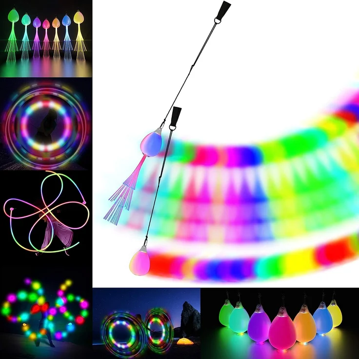 Papi Dada Glasfaser LED POI Bälle - USB wiederaufladbare POI Jonglierbälle, Zirkusartikel Spielzeug Set für Anfänger und Profis, Kinder und Erwachsene, 1 Paar Glühende POI Bälle mit 20 Lichtmodi – Bild 1