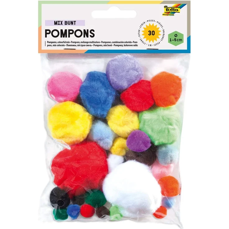 folia 50309 - Pompons, 30 Stück sortiert in verschiedenen Größen und Farben, ideal für farbenfrohe Bastelarbeiten
