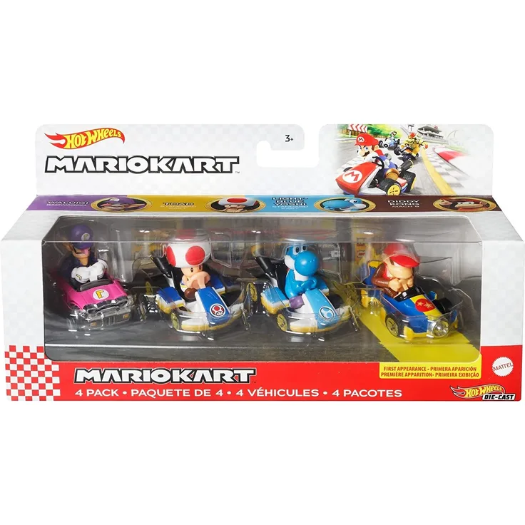 Hot Wheels GXX98 - Mario Kart-Fahrzeug (4er-Pack), Set mit 4 beliebten Figuren, darunter 1 exklusives Modell, Spielzeug ab 3 Jahren