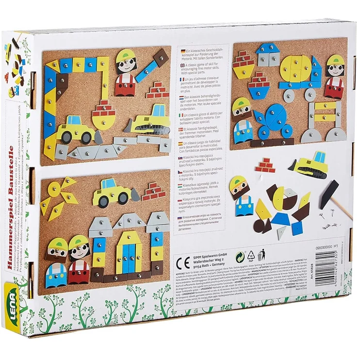 Lena 65828 Hammerspiel, Nagelspiel mit 64 bunten 8 Baustellen Teilen, Grundplatte aus Kork ca. 28 x 19,5 cm, Hammer und Nägel, Klopfspiel für Kinder ab 3 Jahre, Hämmerchenspiel, Mehrfarbig – Bild 9