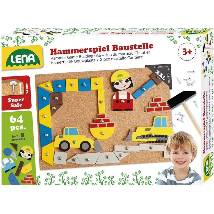 Lena 65828 Hammerspiel, Nagelspiel mit 64 bunten 8 Baustellen Teilen, Grundplatte aus Kork ca. 28 x 19,5 cm, Hammer und Nägel, Klopfspiel für Kinder ab 3 Jahre, Hämmerchenspiel, Mehrfarbig – Bild 1