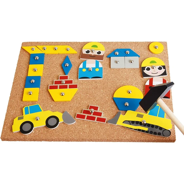 Lena 65828 Hammerspiel, Nagelspiel mit 64 bunten 8 Baustellen Teilen, Grundplatte aus Kork ca. 28 x 19,5 cm, Hammer und Nägel, Klopfspiel für Kinder ab 3 Jahre, Hämmerchenspiel, Mehrfarbig – Bild 2
