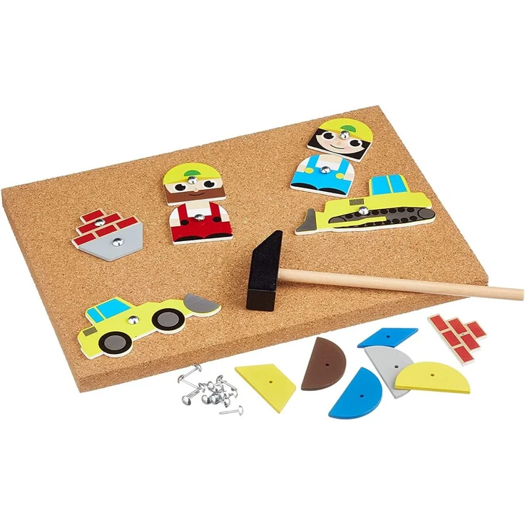 Lena 65828 Hammerspiel, Nagelspiel mit 64 bunten 8 Baustellen Teilen, Grundplatte aus Kork ca. 28 x 19,5 cm, Hammer und Nägel, Klopfspiel für Kinder ab 3 Jahre, Hämmerchenspiel, Mehrfarbig – Bild 8