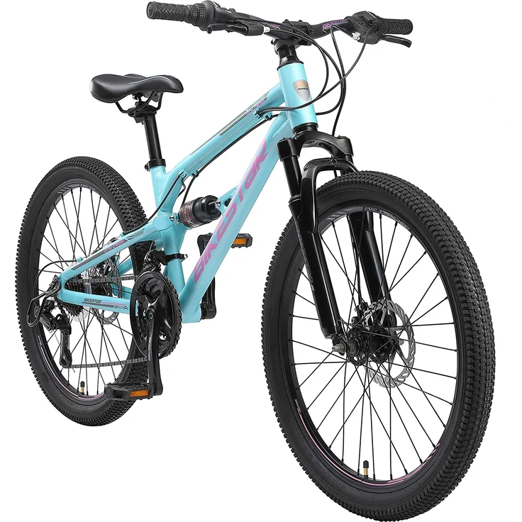 BIKESTAR Alu Kinder Jugend Mountainbike Vollgefedert, 21 Gang Shimano, 24 Zoll ab 9 - 10 Jahre | Fully MTB Scheibenbremse | Blau – Bild 1