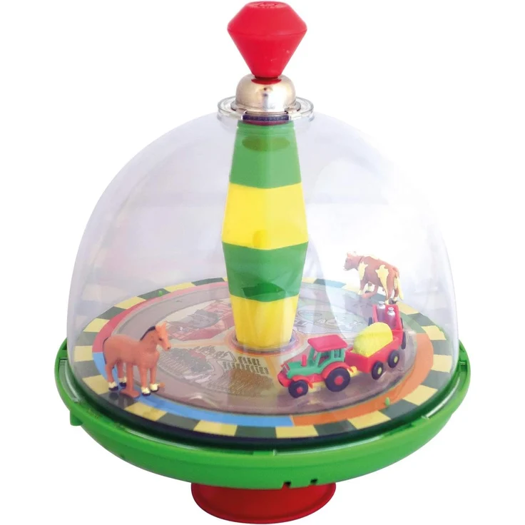 alldoro 68020 - Bauernhof Farm Panoramakreisel Ø 19 cm, Pumpkreisel mit Sound, Schwungkreisel mit Standfuß, Musikkreisel mit Traktor, klassischer Spielzeugkreisel, Kreisel für Kinder ab 18 Monate – Bild 1