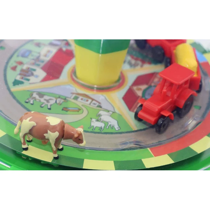 alldoro 68020 - Bauernhof Farm Panoramakreisel Ø 19 cm, Pumpkreisel mit Sound, Schwungkreisel mit Standfuß, Musikkreisel mit Traktor, klassischer Spielzeugkreisel, Kreisel für Kinder ab 18 Monate – Bild 6