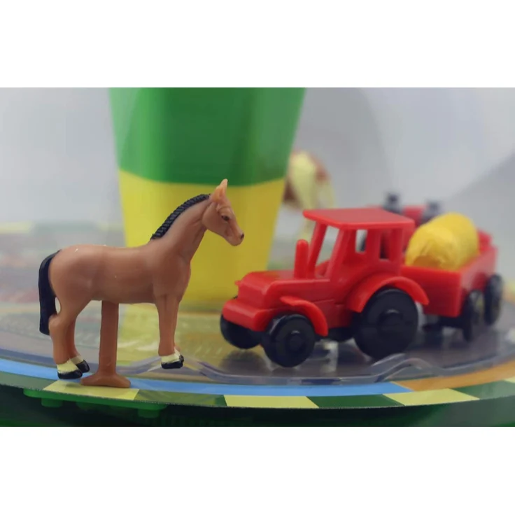 alldoro 68020 - Bauernhof Farm Panoramakreisel Ø 19 cm, Pumpkreisel mit Sound, Schwungkreisel mit Standfuß, Musikkreisel mit Traktor, klassischer Spielzeugkreisel, Kreisel für Kinder ab 18 Monate – Bild 5