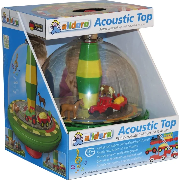 alldoro 68020 - Bauernhof Farm Panoramakreisel Ø 19 cm, Pumpkreisel mit Sound, Schwungkreisel mit Standfuß, Musikkreisel mit Traktor, klassischer Spielzeugkreisel, Kreisel für Kinder ab 18 Monate – Bild 8