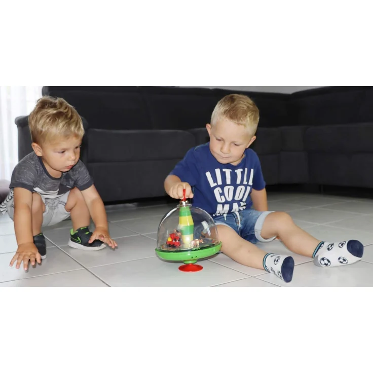 alldoro 68020 - Bauernhof Farm Panoramakreisel Ø 19 cm, Pumpkreisel mit Sound, Schwungkreisel mit Standfuß, Musikkreisel mit Traktor, klassischer Spielzeugkreisel, Kreisel für Kinder ab 18 Monate – Bild 3