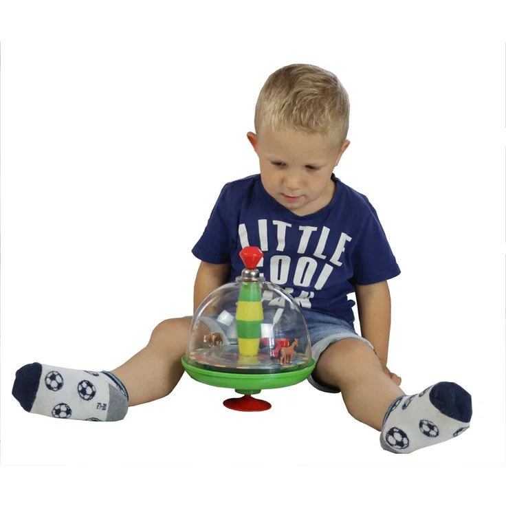 alldoro 68020 - Bauernhof Farm Panoramakreisel Ø 19 cm, Pumpkreisel mit Sound, Schwungkreisel mit Standfuß, Musikkreisel mit Traktor, klassischer Spielzeugkreisel, Kreisel für Kinder ab 18 Monate – Bild 2