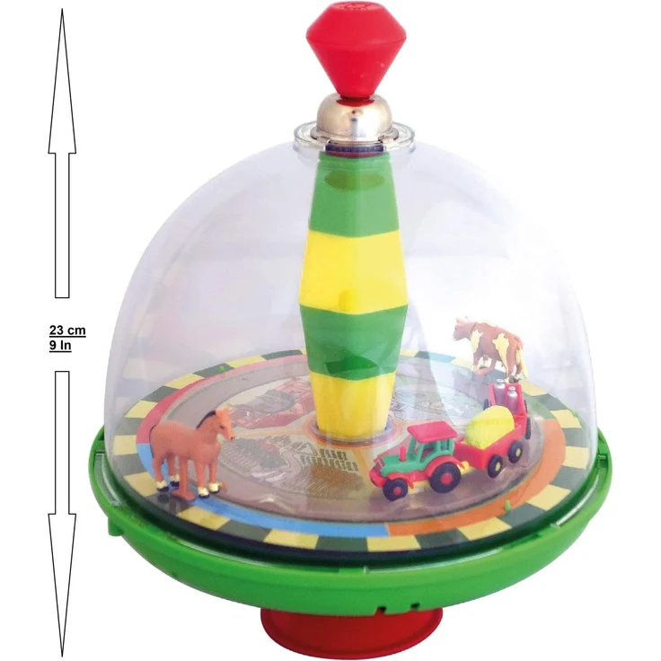 alldoro 68020 - Bauernhof Farm Panoramakreisel Ø 19 cm, Pumpkreisel mit Sound, Schwungkreisel mit Standfuß, Musikkreisel mit Traktor, klassischer Spielzeugkreisel, Kreisel für Kinder ab 18 Monate – Bild 7