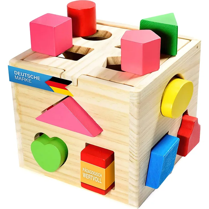 all Kids United® Steckwürfel aus Holz-Würfel Lernspielzeug-Puzzle Steckbox Spielbox für Baby & Kleinkind; Holz-Spielzeug trainiert Motorik; Förderung von Formerkennung und Konzentration (Steckbox)