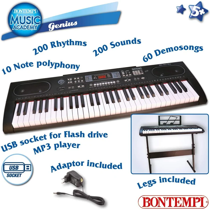 Bontempi 16 6125 6125-Digitales Keyboard 61 Profi-Größe Tasten, schwarz – Bild 1