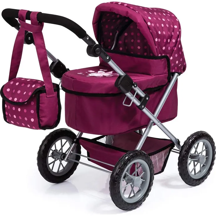 Bayer Design 13067AA Puppenwagen Trendy, höhenverstellbar, zusammenklappbar, mit Umhängetasche und Einkaufskorb, Bordeaux, mit Muster und Feenmotiv