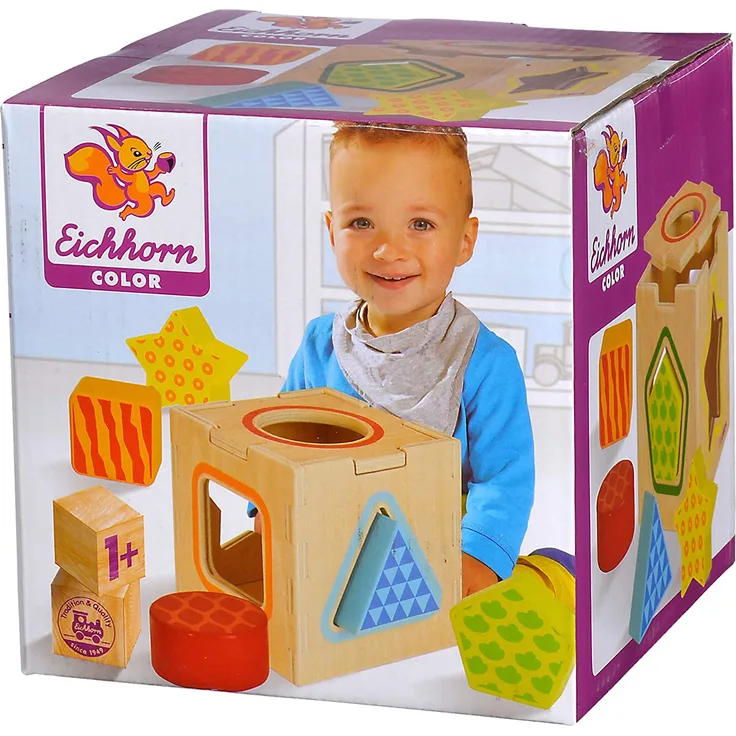 Eichhorn - Steckbox - 7-teiliges Steckwürfel Set aus Birkenholz, mit 5 Bausteinen in unterschiedlichen Formen, Größe 12x12x12cm, für Kinder ab einem Jahr
