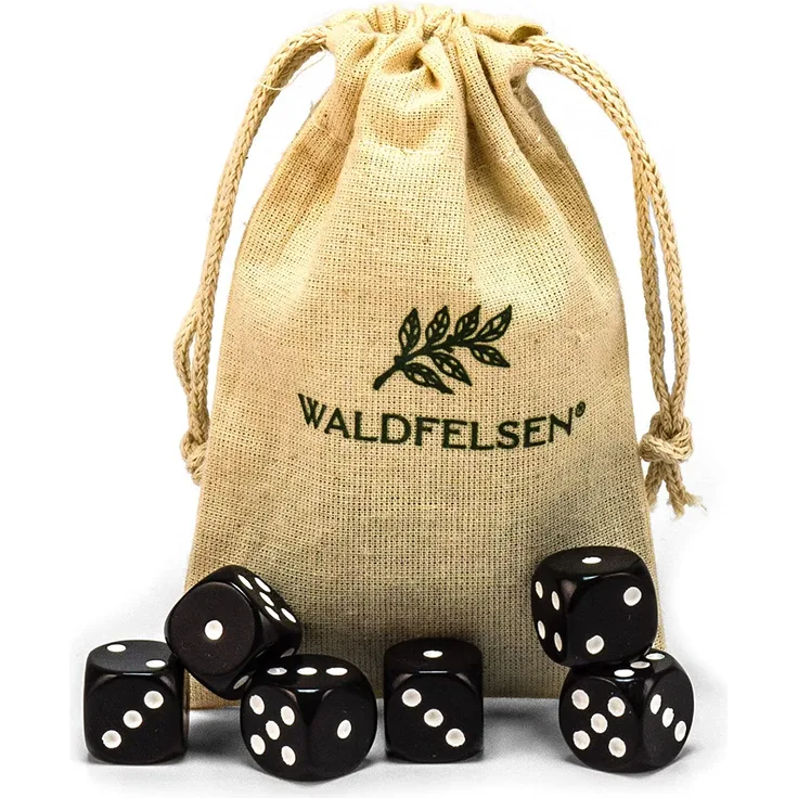 6,12, 20, 30 oder 50 hochqualitative Würfel von Waldfelsen® Standardgröße 16 mm Acrylwürfel Knobel Spielwürfel Dice 6-seitig sechsseitig Spielzubehör Set mit Stoffbeutel (Schwarz, 6 Stück)