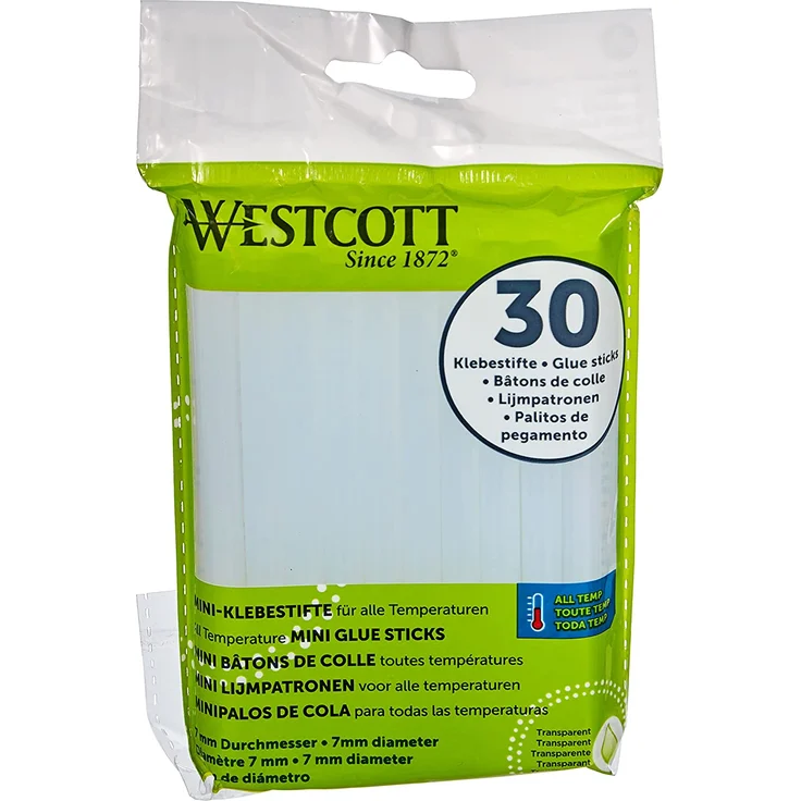 Westcott Mini-Klebesticks I Set: 30 Stück I 7mm Durchmesser I 102 mm lang I transparent I Patronen für Heißklebepistole I E-16837 00, 7 mm – Bild 1