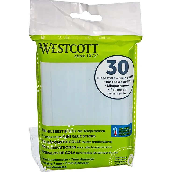 Westcott Mini-Klebesticks I Set: 30 Stück I 7mm Durchmesser I 102 mm lang I transparent I Patronen für Heißklebepistole I E-16837 00, 7 mm