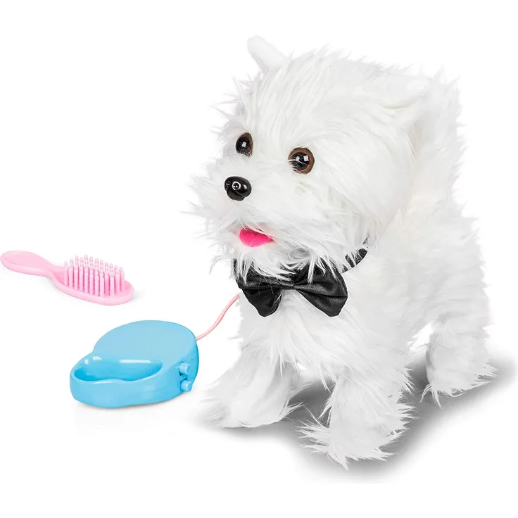 Animigos Walking Westie, süßer weißer Plüschhund, ca. 22 cm groß, kann laufen und bellen, mit Bürste und Leine, für Kinder ab 18 Monaten
