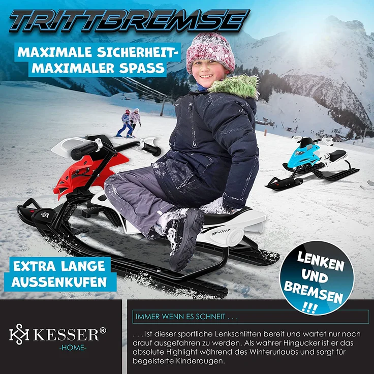 KESSER® Lenkschlitten mit 2 Fußbremsen | Automatisches Zugseil | Federung | Kufenlenkung | Bob Kinderschlitten Rodel Schlitten | Skiboblenkschlitten | Rot – Bild 5