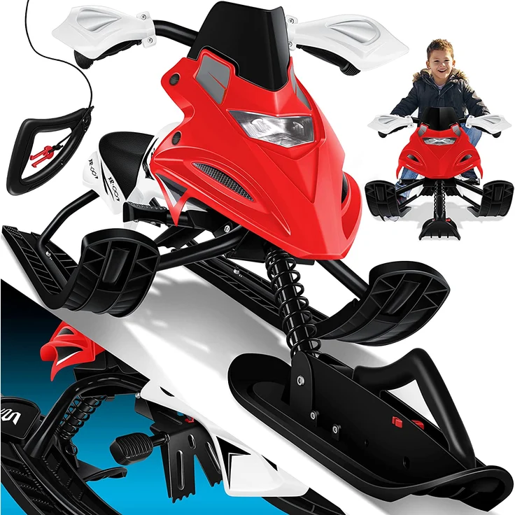 KESSER® Lenkschlitten mit 2 Fußbremsen | Automatisches Zugseil | Federung | Kufenlenkung | Bob Kinderschlitten Rodel Schlitten | Skiboblenkschlitten | Rot – Bild 1