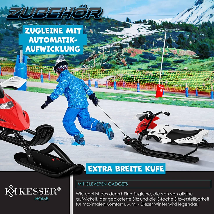 KESSER® Lenkschlitten mit 2 Fußbremsen | Automatisches Zugseil | Federung | Kufenlenkung | Bob Kinderschlitten Rodel Schlitten | Skiboblenkschlitten | Rot – Bild 8
