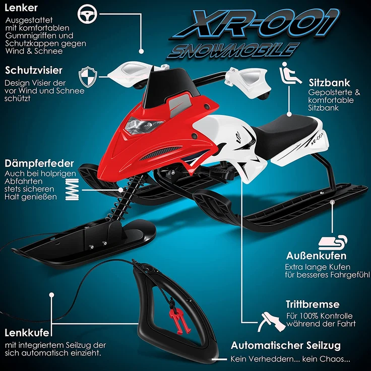 KESSER® Lenkschlitten mit 2 Fußbremsen | Automatisches Zugseil | Federung | Kufenlenkung | Bob Kinderschlitten Rodel Schlitten | Skiboblenkschlitten | Rot – Bild 4