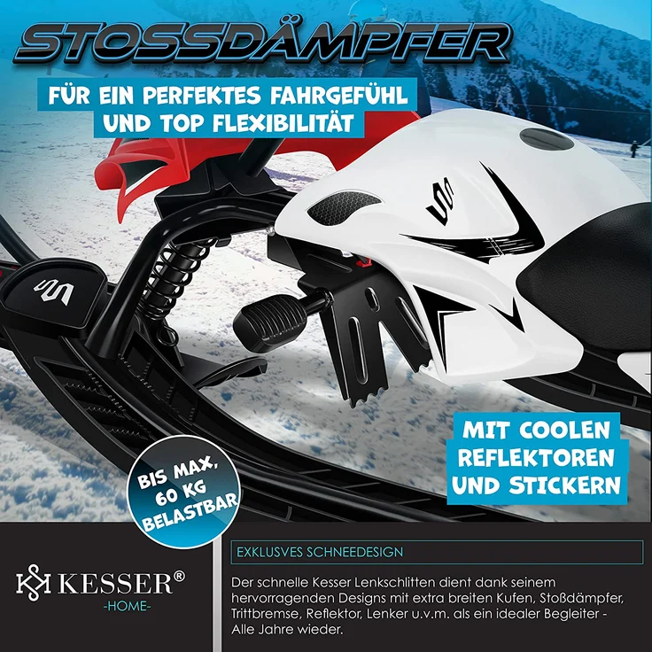 KESSER® Lenkschlitten mit 2 Fußbremsen | Automatisches Zugseil | Federung | Kufenlenkung | Bob Kinderschlitten Rodel Schlitten | Skiboblenkschlitten | Rot – Bild 6