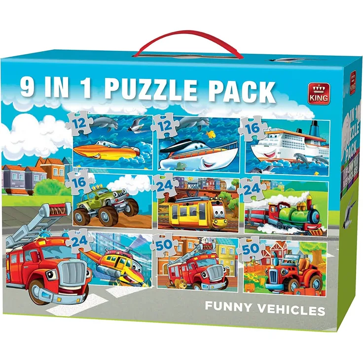King 5521 Puzzle-Pack - Funny Vehicles - 9 Puzzles in 1 - Kinder - Jungen