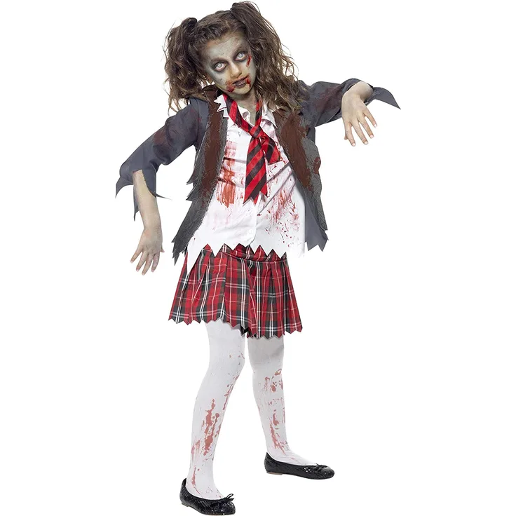 Halloween! Smiffys Zombiekostüm Schülerin, Grau, mit kariertem Rock, Jacke, Blusenteil und Krawatte