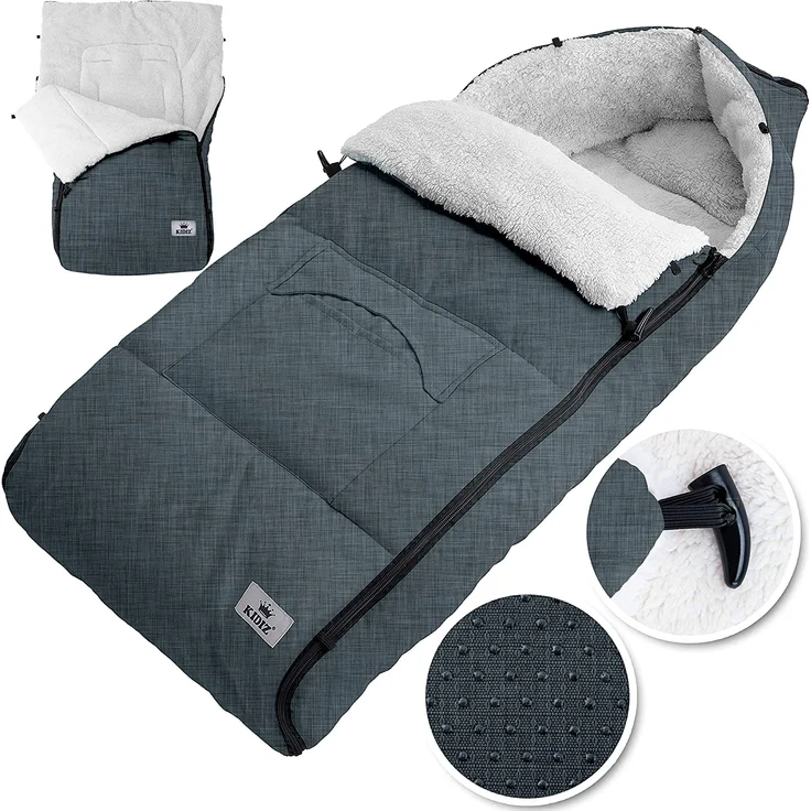 KIDIZ® Babyfußsack Baby Fußsack Winterfußsack Babyschale mit Reißverschluss Kuschelsack Babydecke Kinderwagen waschbar verschließbarer Kopfteil ,Tasche, passend für alle Kinderwagen Jeans Grau – Bild 1