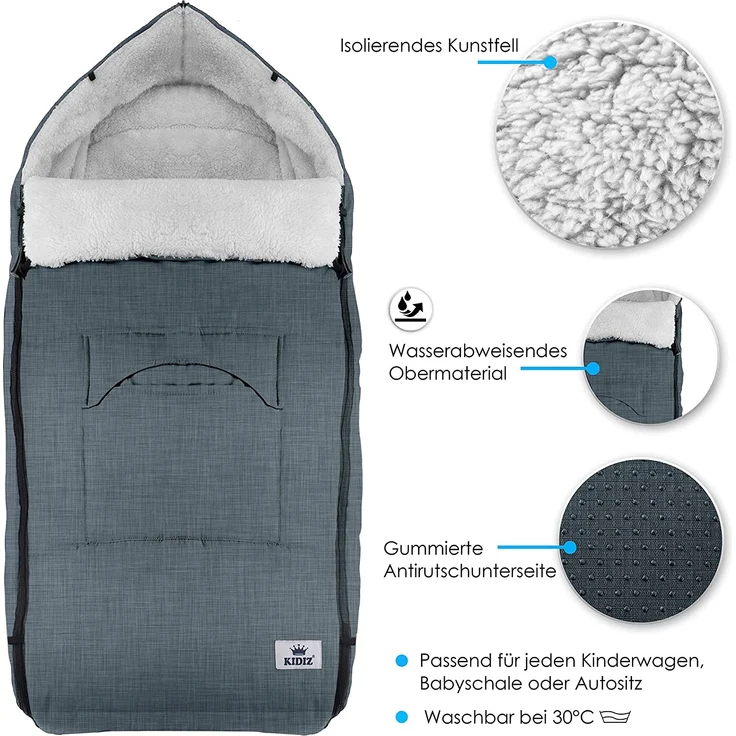 KIDIZ® Babyfußsack Baby Fußsack Winterfußsack Babyschale mit Reißverschluss Kuschelsack Babydecke Kinderwagen waschbar verschließbarer Kopfteil ,Tasche, passend für alle Kinderwagen Jeans Grau – Bild 3