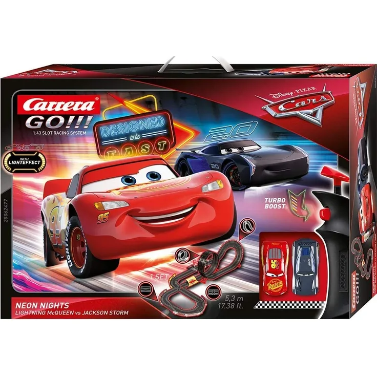 Carrera 20062477 GO!!! 'Disney Pixar Cars Neon Lights', Autorennbahn-Set, für 2 Spieler, 5,3 Meter Streckenlänge, Ab 6 Jahren, mit Lightning McQueen & Jackson Storm Spielzeugautos