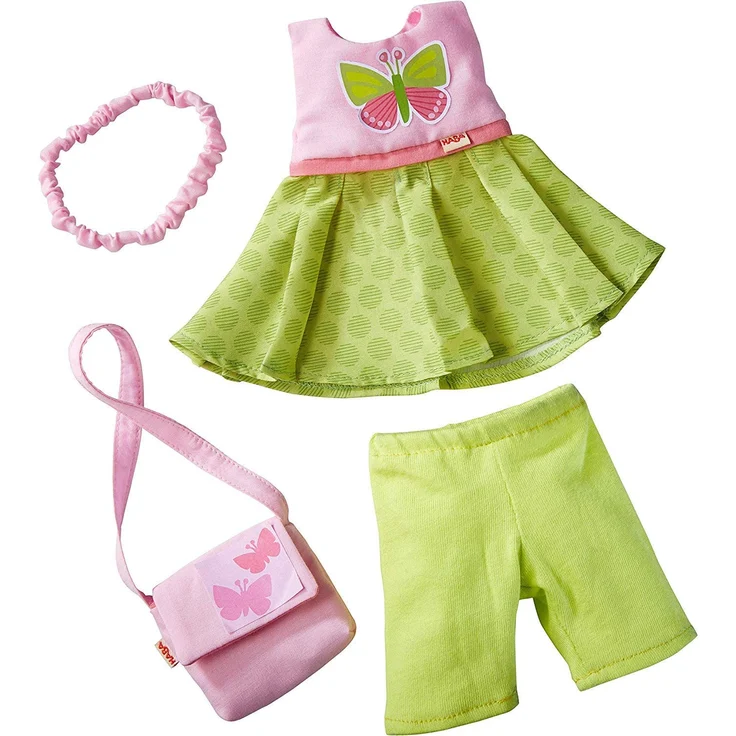 HABA 304253 - Kleiderset Schmetterling, Set aus Kleid, Hose, Handtasche und Haarband, Puppenzubehör für alle 30 cm großen HABA-Puppen, ab 18 Monaten – Bild 1