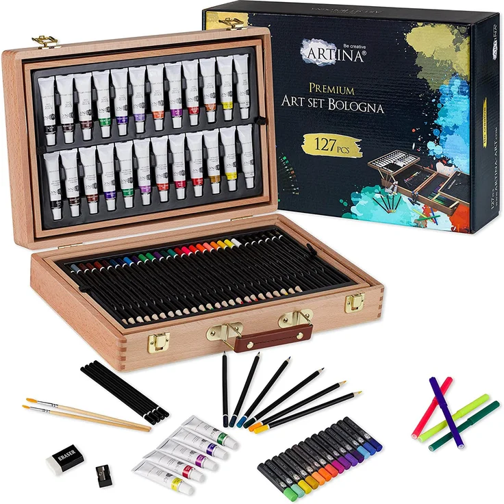Artina 127tlg XXL Malset Bologna im edlen Malkoffer aus Holz - Acrylfarben Set, Buntstifte Set, Wasserfarben, Ölpastelle, Bleistifte UVM. – Bild 9