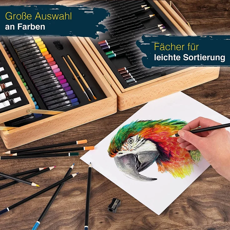 Artina 127tlg XXL Malset Bologna im edlen Malkoffer aus Holz - Acrylfarben Set, Buntstifte Set, Wasserfarben, Ölpastelle, Bleistifte UVM. – Bild 5