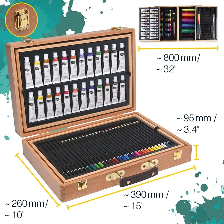 Artina 127tlg XXL Malset Bologna im edlen Malkoffer aus Holz - Acrylfarben Set, Buntstifte Set, Wasserfarben, Ölpastelle, Bleistifte UVM. – Bild 2