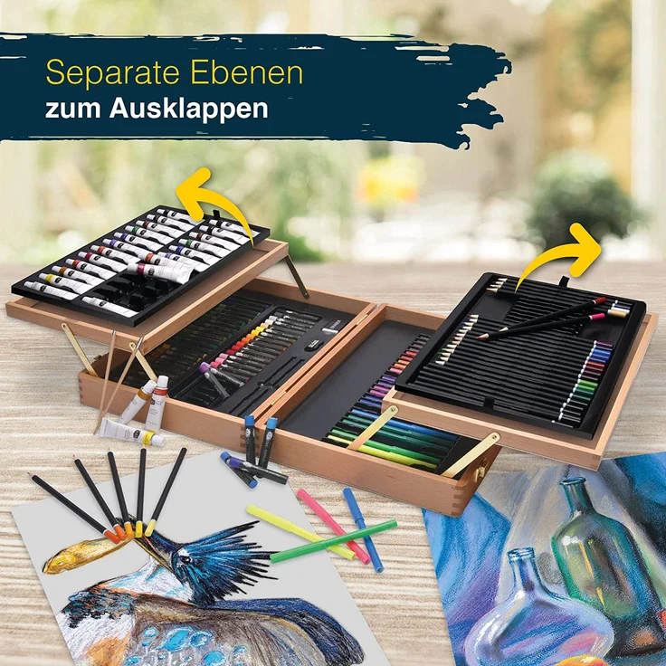 Artina 127tlg XXL Malset Bologna im edlen Malkoffer aus Holz - Acrylfarben Set, Buntstifte Set, Wasserfarben, Ölpastelle, Bleistifte UVM. – Bild 3