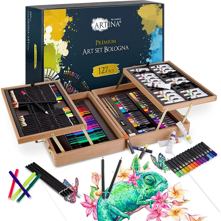 Artina 127tlg XXL Malset Bologna im edlen Malkoffer aus Holz - Acrylfarben Set, Buntstifte Set, Wasserfarben, Ölpastelle, Bleistifte UVM. – Bild 1